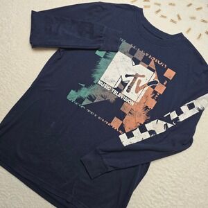 MTV Music Television Navy Blue Long Sleeve Graphic T-Shirt Mens